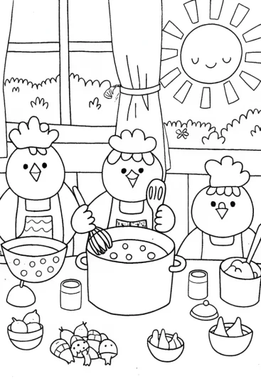 A coloring page of Chickens in a Chef’s Kitchen Coloring Page