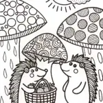 Friendly Hedgehogs at the Mushroom Market Coloring Page