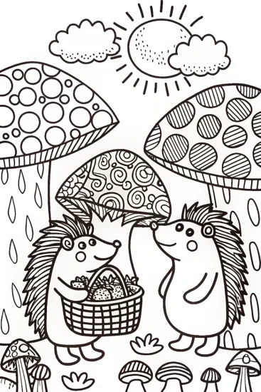 A coloring page of Friendly Hedgehogs at the Mushroom Market Coloring Page
