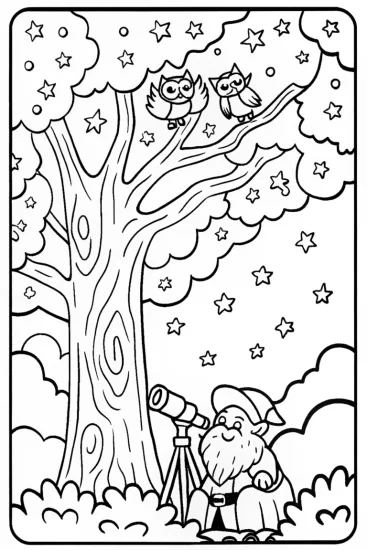 A coloring page of Gnome Stargazer Under the Ancient Oak
