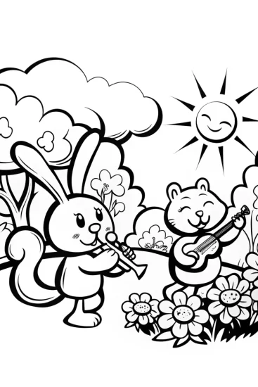 A coloring page of Summer Concert Coloring Page with Rabbit and Squirrel