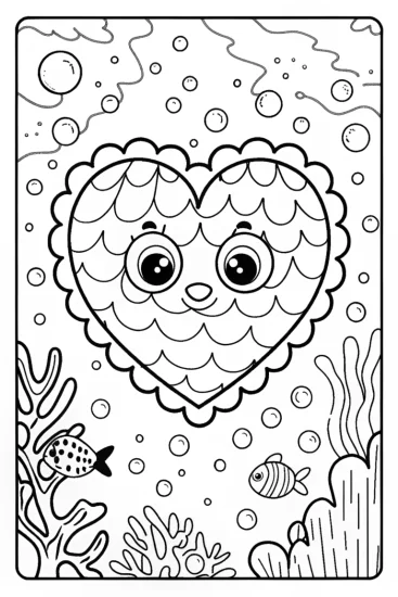 A coloring page of Heart Fish Ocean Adventure Coloring Page