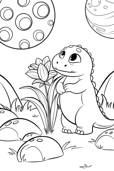 A coloring page of Godzilla in a whimsical alien world