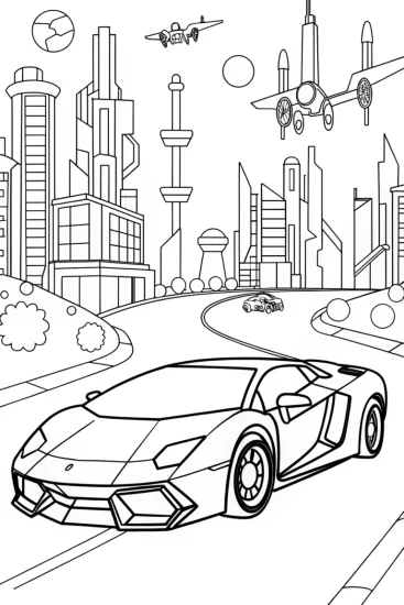 A coloring page of Lamborghini in a Futuristic Cyber City Coloring Page