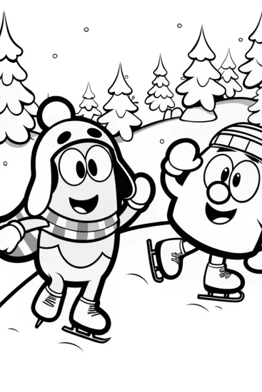 A coloring page of Bluey and Bingo’s Ice Skating Adventure Coloring Page