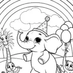 Rainbow Parade Coloring Page with Joyful Elephant