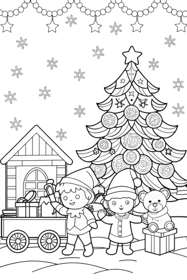 A coloring page of Santa’s Workshop Elf Coloring Page