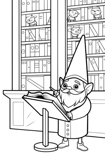 A coloring page of Gnome in the Magic Library Coloring Page