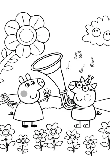 A coloring page of Peppa Pig’s Enchanted Music Garden Coloring Page