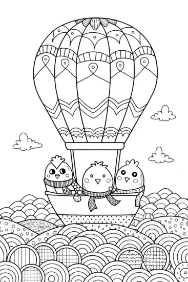 A coloring page of Chickens on a Balloon Adventure Coloring Page