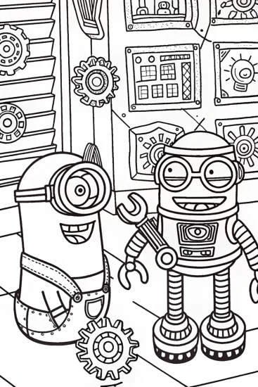 A coloring page of Minion’s Quirky Robot Workshop Coloring Page