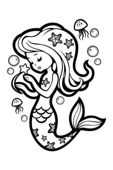 A coloring page of The Mermaid’s Cosmic Wish Coloring Page