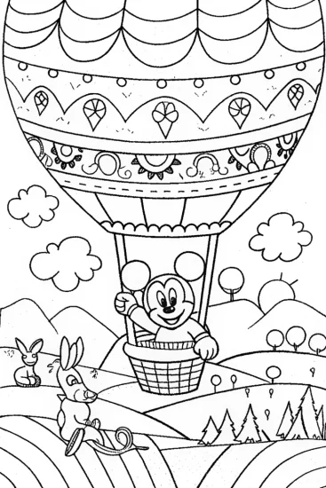 A coloring page of Mickey Mouse Balloon Adventure Coloring Page