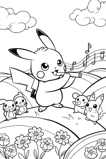 A coloring page of Pikachu’s musical meadow parade coloring page
