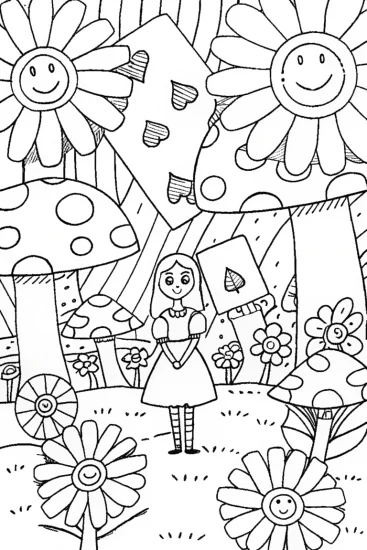 A coloring page of Alice’s Curious Card Garden Coloring Page