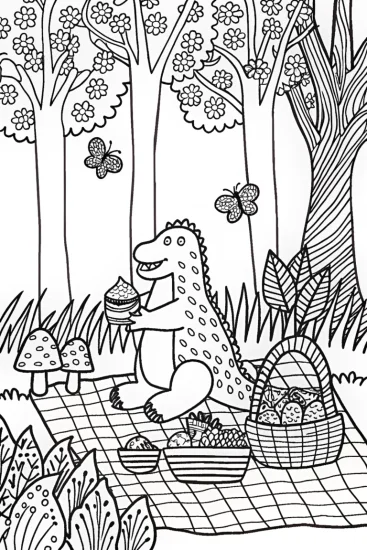 A coloring page of Godzilla’s Fun Forest Picnic Coloring Page