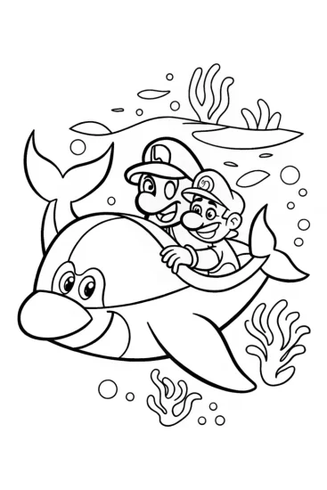 A coloring page of Mario and Luigi Underwater Dolphin Adventure Coloring Page