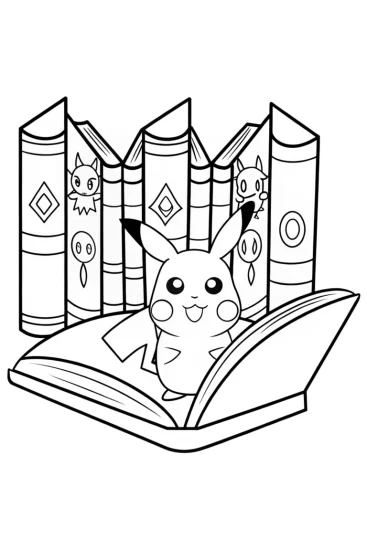A coloring page of Pikachu’s Adventure in the Enchanted Library Coloring Page