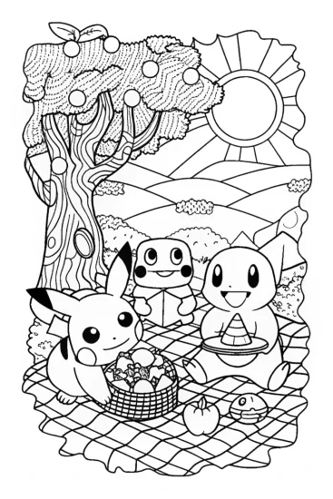 A coloring page of Pokémon Picnic Party Coloring Page
