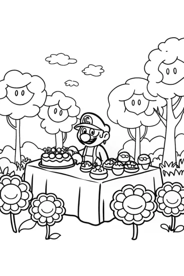 A coloring page of Mario’s Enchanted Garden Party Coloring Page