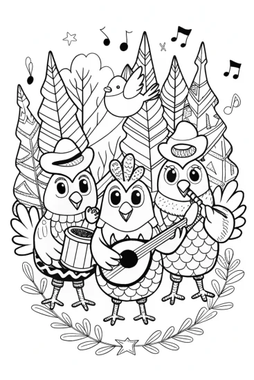 A coloring page of Chickens jamming in a musical meadow