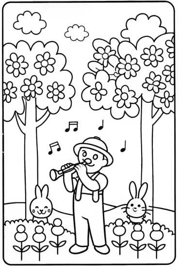 A coloring page of Luigi’s Flute Serenade in the Forest