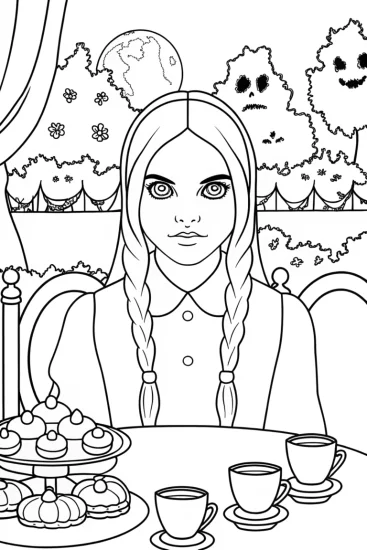 A coloring page of Wednesday Addams Hosting a Mysterious Black Cat Tea Party