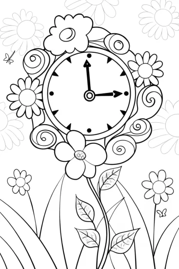 A coloring page of The Enchanted Flower Clock Coloring Page