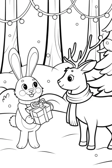 A coloring page of Christmas Gift Exchange with Rabbit and Deer