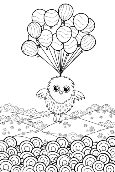 A coloring page of Chick’s Colorful Balloon Flight