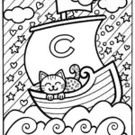 Cheerful Cat on Cloud Ship Coloring Page