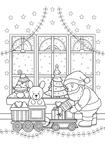 A coloring page of Santa’s Midnight Workshop Coloring Page