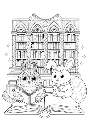 A coloring page of Squishmallow Scholars in the Enchanted Library