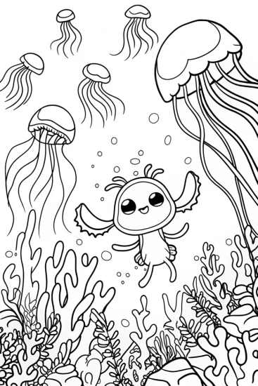 A coloring page of Axolotl Adventurer in a Jellyfish Forest Coloring Page