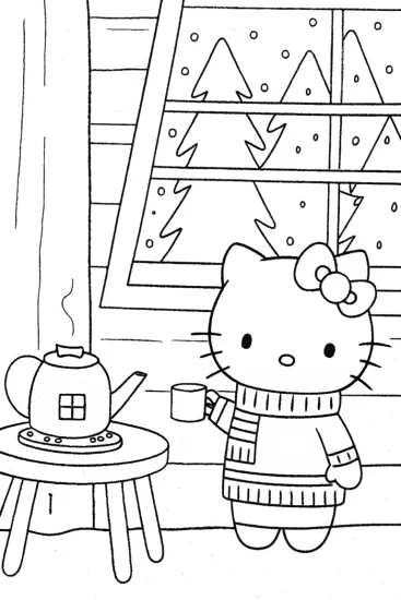 A coloring page of Hello Kitty’s Cozy Winter Cabin Coloring Page