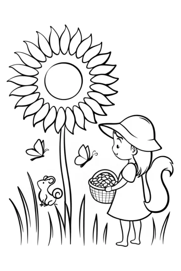A coloring page of Sunflower Adventure with a Friendly Squirrel Coloring Page