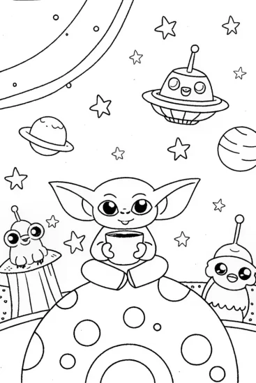 A coloring page of Baby Yoda’s Cosmic Tea Party Coloring Page
