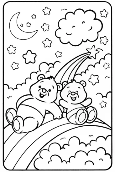 A coloring page of Care Bears Stargazing on a Rainbow Hill