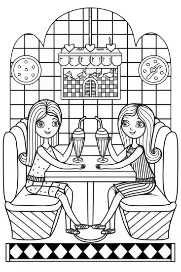A coloring page of Bratz Dolls at a Retro Diner Coloring Page