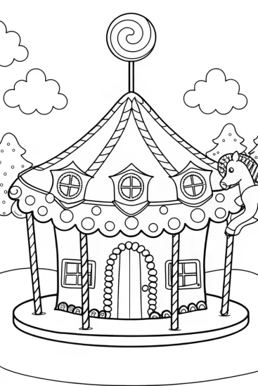 A coloring page of Gingerbread House on a Candy Carousel Coloring Page