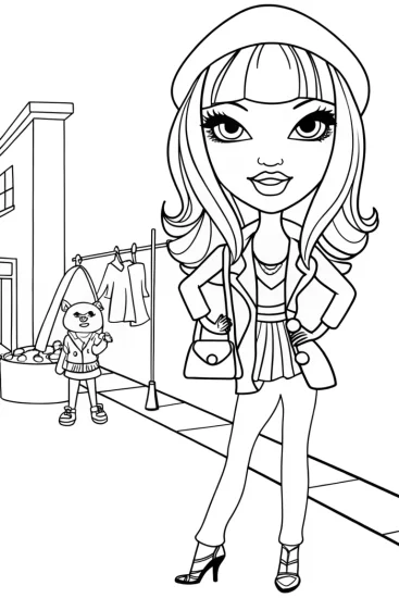 A coloring page of Bratz Dolls Fashion Adventure Coloring Page