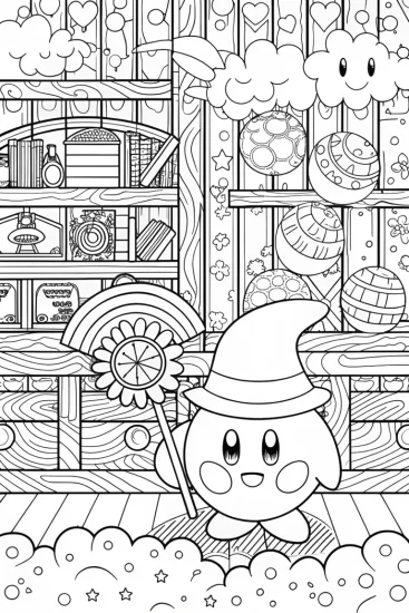 A coloring page of Kirby’s Whimsical Weather Workshop Coloring Page