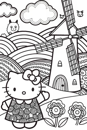A coloring page of Hello Kitty’s Whimsical Windmill Coloring Page