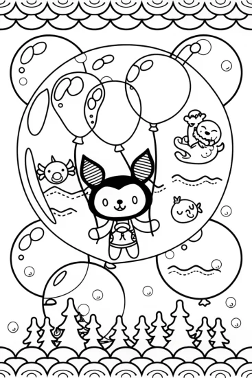 A coloring page of Kuromi’s Dreamy Bubble Adventure Coloring Page