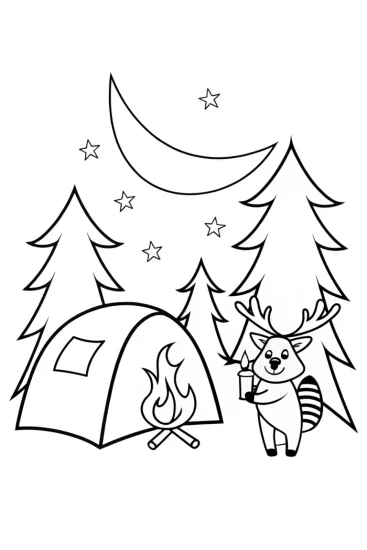 A coloring page of Happy Raccoon and Deer Camping Coloring Page