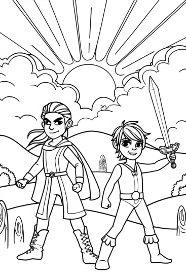 A coloring page of The Enchanted Duel at Dawn Coloring Page