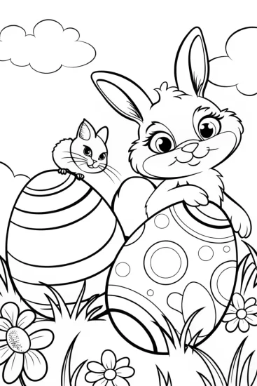 A coloring page of Bunny and Cat Easter Egg Coloring Page