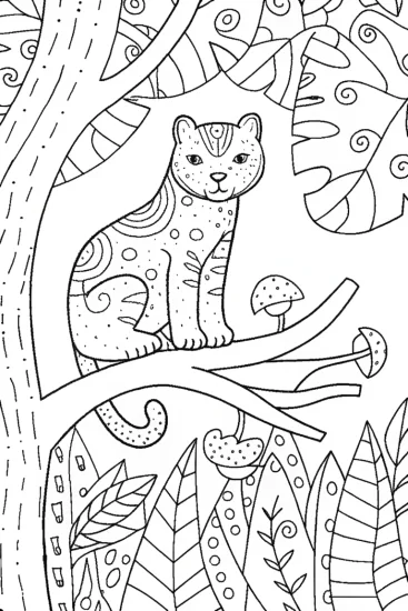 A coloring page of The mystical panther perched in the woods coloring page