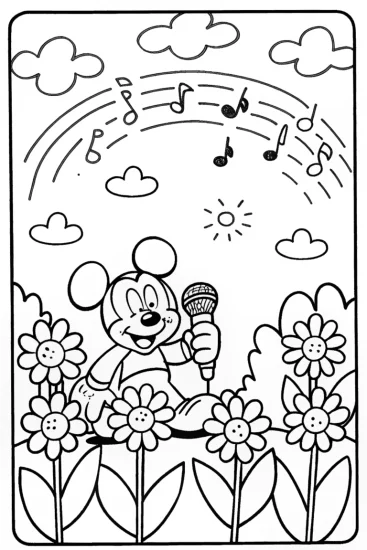 A coloring page of Mickey Mouse in a whimsical music garden
