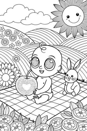A coloring page of Baby’s First Picnic Adventure Coloring Page